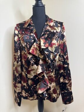 Jones New York Ruffled Satin-Feel Jacket in Black, Burgundy & Gold